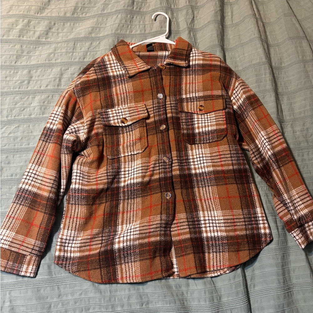 SHEIN Brown Plaid Shirt with Button Detail
